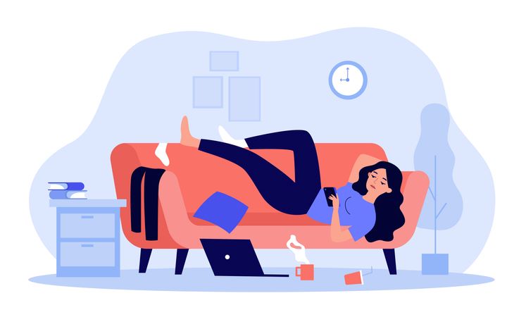 Neurotično ponašanje: Otkriva ga mobilni telefon; ilustracija žene koja leži na kauču i skroluje na telefonu