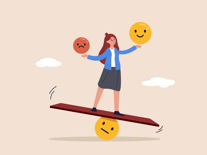 Kako se nositi s promenama raspoloženja; ilustracija žene na klackalici koja u rukama drži tužni i srećni smajli i pokušava da izbalansira svoje emocije