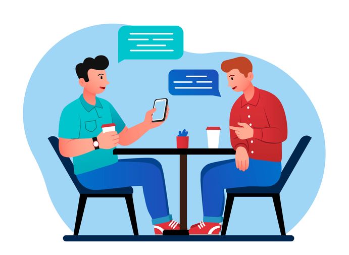 Alfa i sigma muškarac; Ilustracija dva muškarca koji sede za stolom i razgovaraju